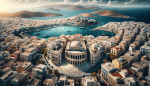 A panoramic aerial view of Syros Greece from a helicopter perspective
