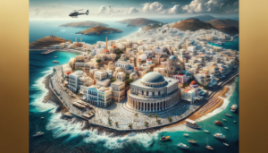 An aerial view of Syros Greece showcasing the dynamic character and cosmopolitan elegance of the island. The image captures the historic Hermoupolis