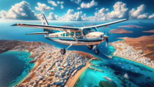 Cessna 208B Caravan with Cycladic branding flying over the Cyclades