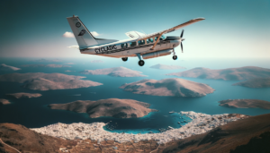 single turbine Cessna 208B Caravan with Cycladic branding flying high above the Cyclades