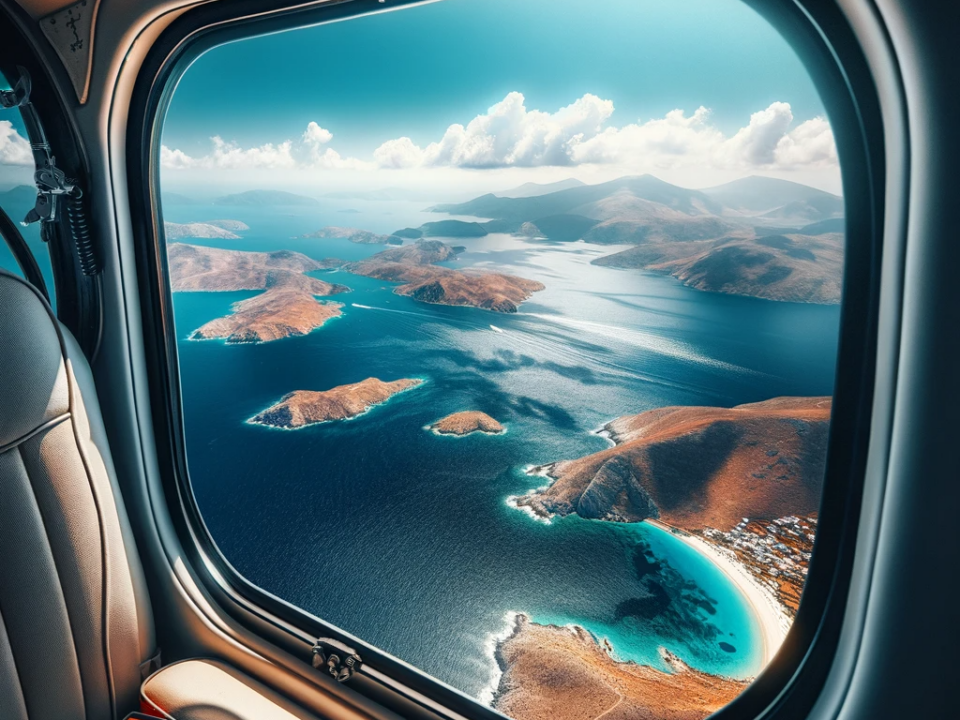 A breathtaking view from the right side window of a luxurious private helicopter showcasing the stunning landscape of the Greek islands and the deep