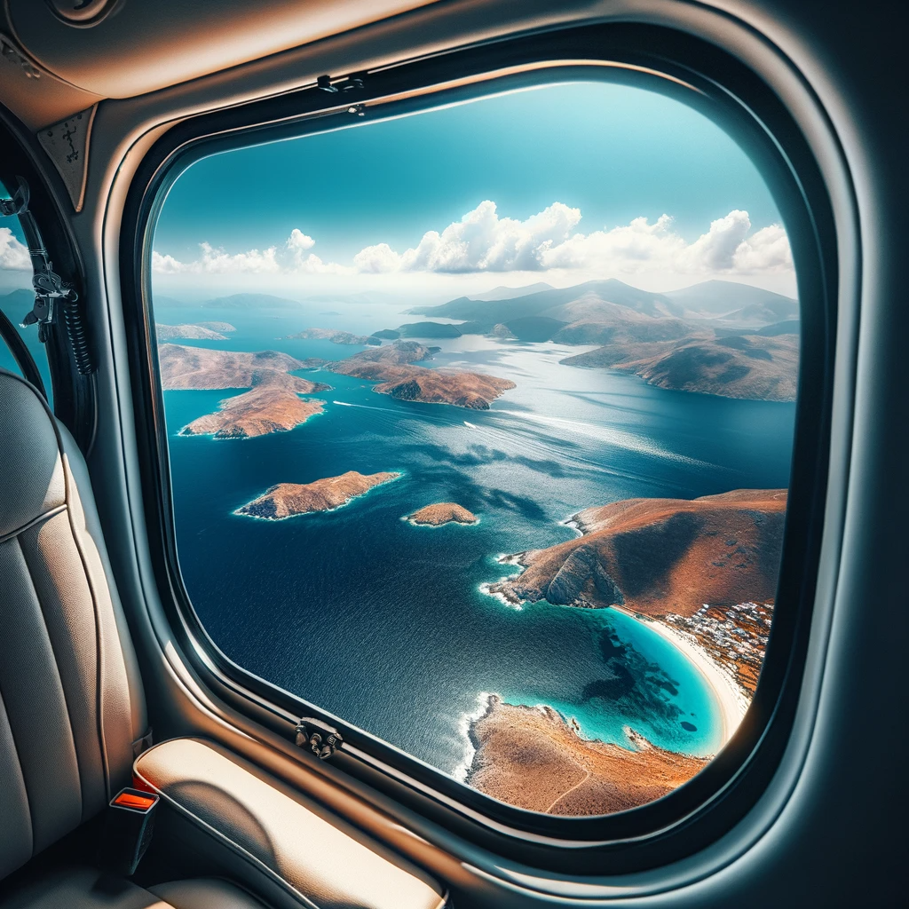 A breathtaking view from the right side window of a luxurious private helicopter showcasing the stunning landscape of the Greek islands and the deep